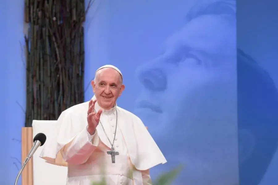 Pope Francis addresses young people at Lokomotiva Stadium in Košice, Slovakia, Sept. 14, 2021. Vatican Media.